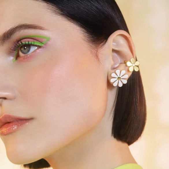 Stainless Steel Eight Petal Flower Small Daisy White Oil Drop Earrings Jewelry