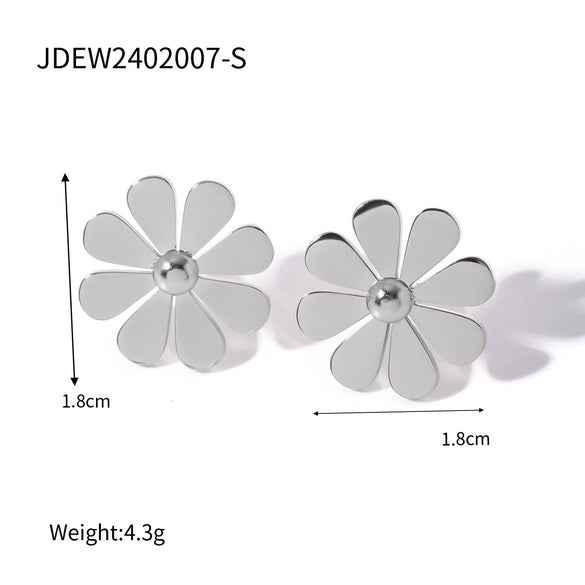Stainless Steel Eight Petal Flower Small Daisy White Oil Drop Earrings Jewelry
