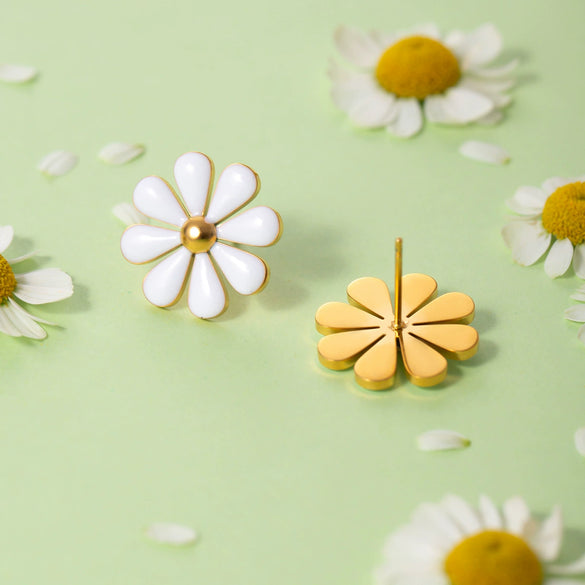 Stainless Steel Eight Petal Flower Small Daisy White Oil Drop Earrings Jewelry