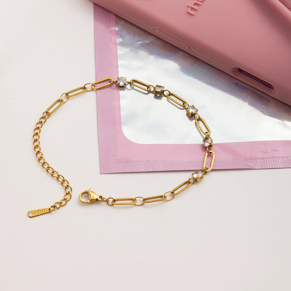 Stainless Steel Electroplated Cubic Zirconia Inlaid Paper Clip Chain Bracelet For Women