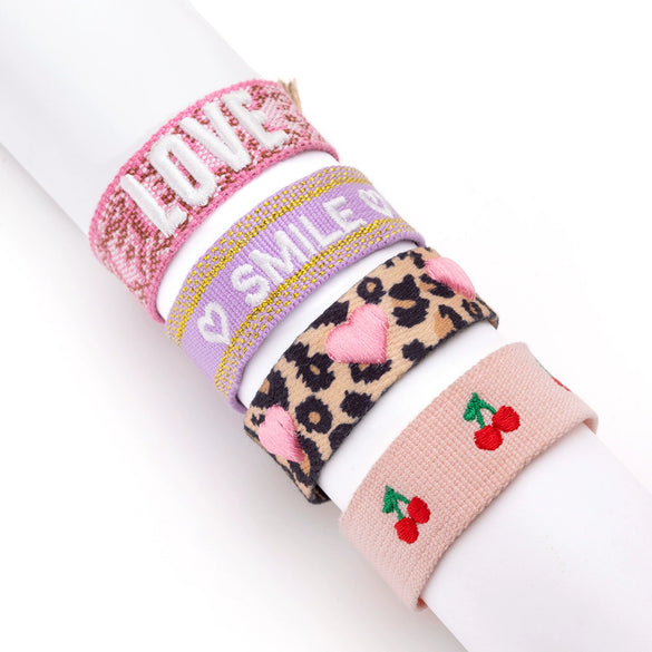 Stainless Steel Electroplated Geometric Braided Hand Rope Bracelet With Letters Cherry Leopard Print For Women
