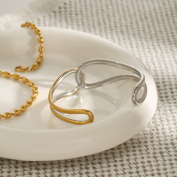 Stainless Steel Electroplated Geometric Minimalist Lines Winding Knotted Hollow Open Bracelet