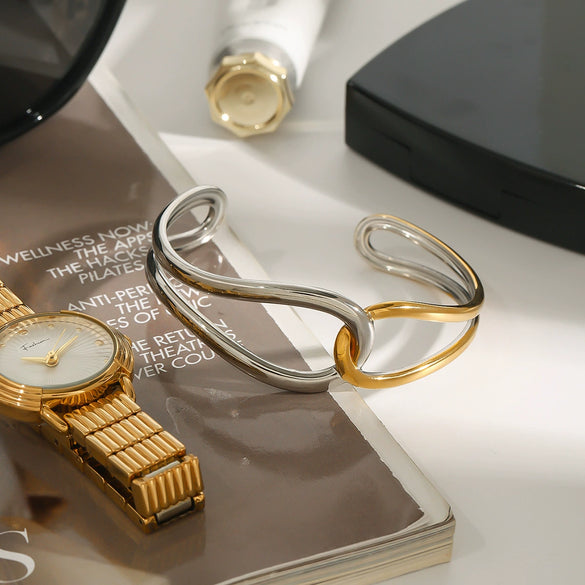 Stainless Steel Electroplated Geometric Minimalist Lines Winding Knotted Hollow Open Bracelet