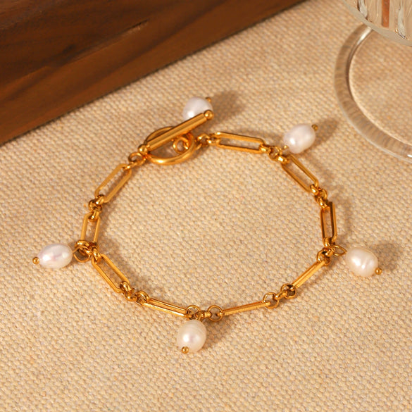 Stainless Steel Electroplated Geometric Style Women's Bracelet With Freshwater Pearl