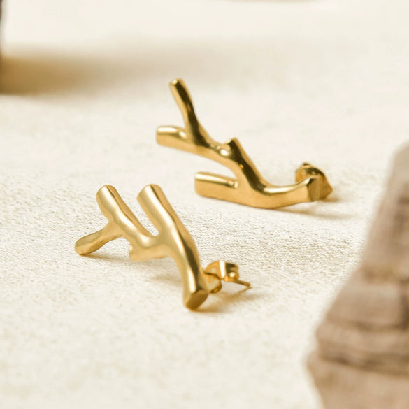 Stainless Steel Electroplated 18K Gold Fashion Personality Reindeer Antler Stud Earrings For Women
