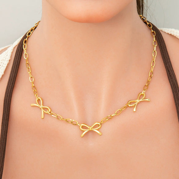 Stainless Steel Electroplated 18K Real Gold Geometric Bow Heart Flower Clavicle Necklace For Women