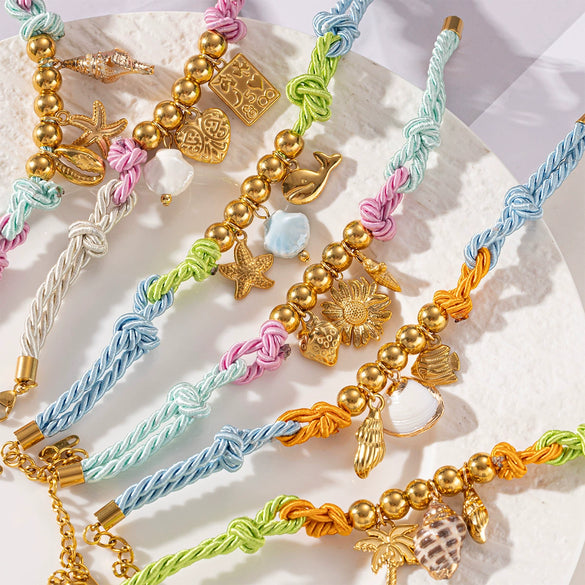 Stainless Steel Electroplated Shell Flower Conch Braided Bracelet For Women