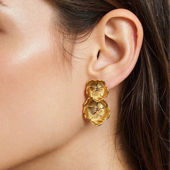 Stainless Steel Electroplating Double Flower Retro Style Earrings For Women