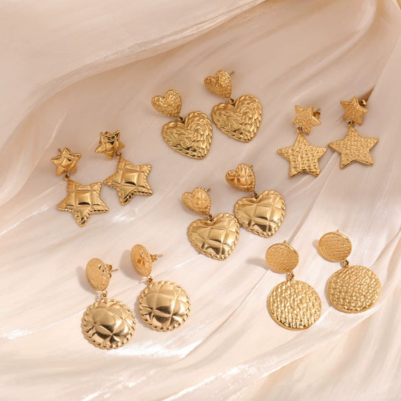 Stainless Steel Embossed Star Earrings Electroplated For Women