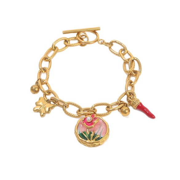 Stainless Steel Enamel Flower Butterfly Pepper Pendant Bracelet With Gold Chain And Ot Buckle Electroplated Jewelry