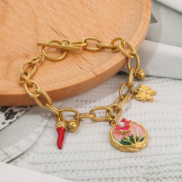 Stainless Steel Enamel Flower Butterfly Pepper Pendant Bracelet With Gold Chain And Ot Buckle Electroplated Jewelry