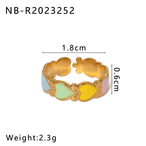 Stainless Steel Enamel Oil Drop Color Heart Shaped Geometric Bohemian Style Adjustable Open Ring For Women 18K Furnace Vacuum Plated