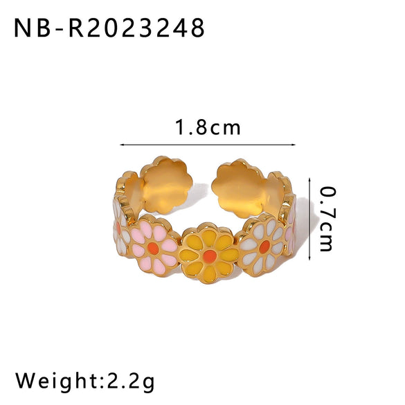 Stainless Steel Enamel Oil Drop Color Heart Shaped Geometric Bohemian Style Adjustable Open Ring For Women 18K Furnace Vacuum Plated