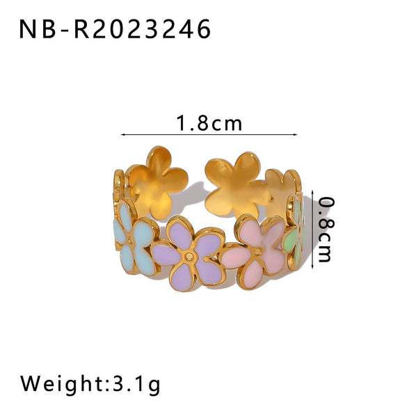 Stainless Steel Enamel Oil Drop Color Heart Shaped Geometric Bohemian Style Adjustable Open Ring For Women 18K Furnace Vacuum Plated