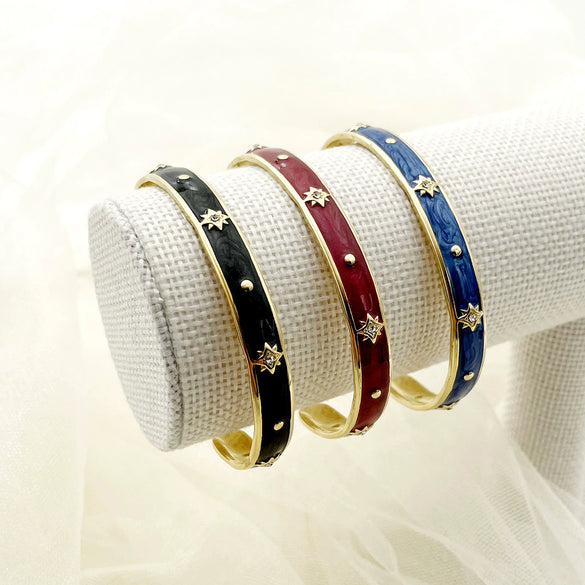 Stainless Steel Enamel Oildrip Diamondencrusted Eightpointed Star Adjustable Open Bracelet With Electroplating