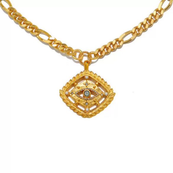Stainless Steel Evil Eye Pendant With Drop Shape And Star Pattern Vacuum Plated 18K Gold Color