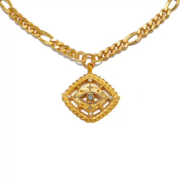 Stainless Steel Evil Eye Pendant With Star And Drop Shape Pattern Vacuum Plated 18K Gold Color
