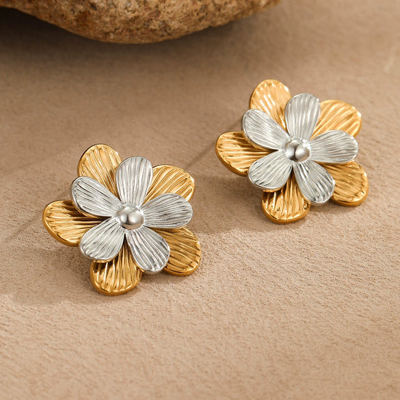 Stainless Steel Exaggerated Colorblocked Flower Electroplated Earrings For Women