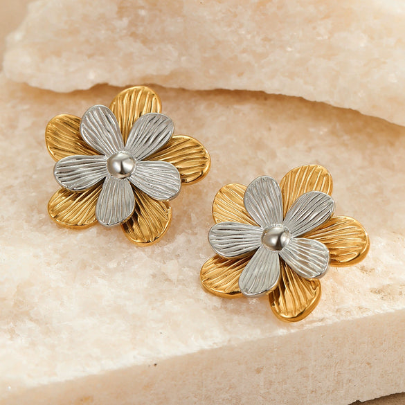 Stainless Steel Exaggerated Colorblocked Flower Electroplated Earrings For Women