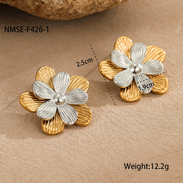 Stainless Steel Exaggerated Colorblocked Flower Electroplated Earrings For Women