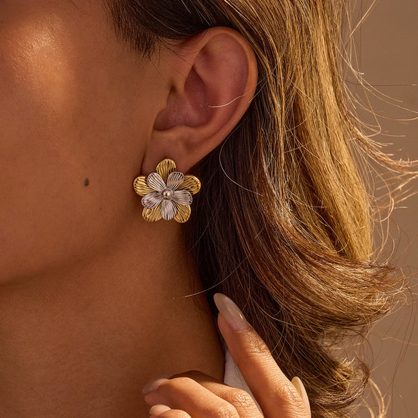 Stainless Steel Exaggerated Colorblocked Flower Electroplated Earrings For Women