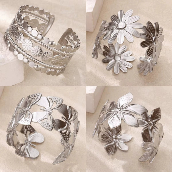 Stainless Steel Exaggerated Flower Butterfly Geometric Open Bracelet For Women Polish Process