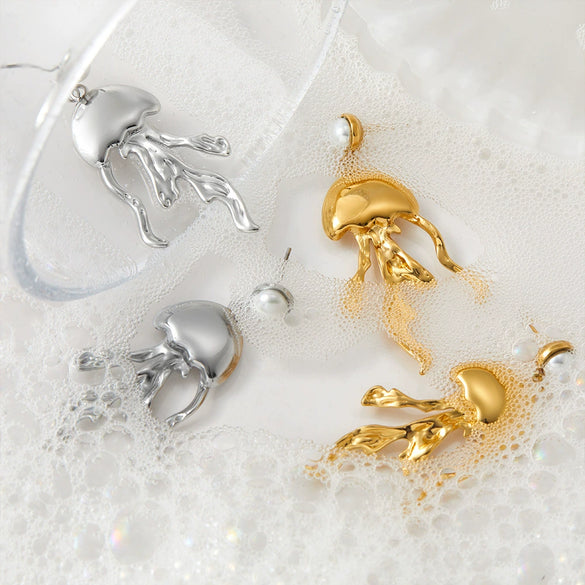 Stainless Steel Exaggerated Pearl Earrings With Marine Series Jellyfish Design Electroplated For Women