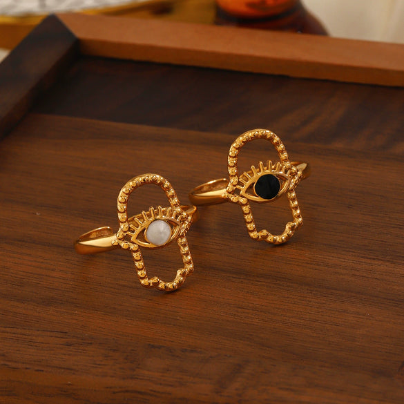 Stainless Steel Eye Open Ring For Women French Retro Style 18K Goldplated Black Oil Dripping Electroplated