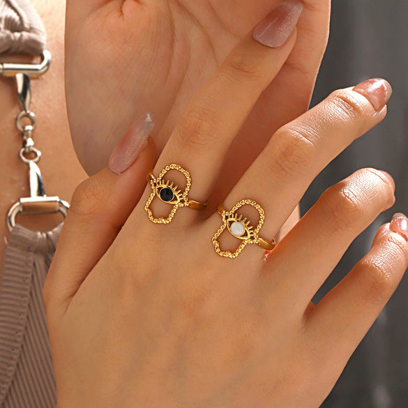 Stainless Steel Eye Open Ring For Women French Retro Style 18K Goldplated Black Oil Dripping Electroplated