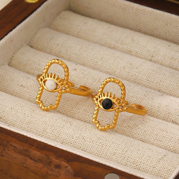 Stainless Steel Eye Open Ring For Women French Retro Style 18K Goldplated Black Oil Dripping Electroplated