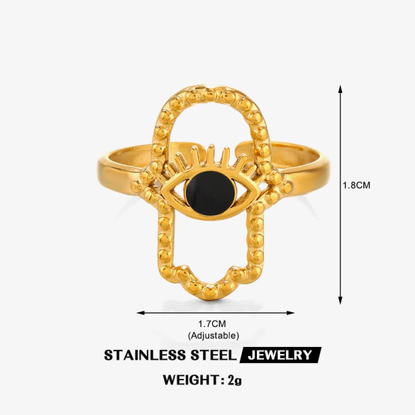 Stainless Steel Eye Open Ring For Women French Retro Style 18K Goldplated Black Oil Dripping Electroplated