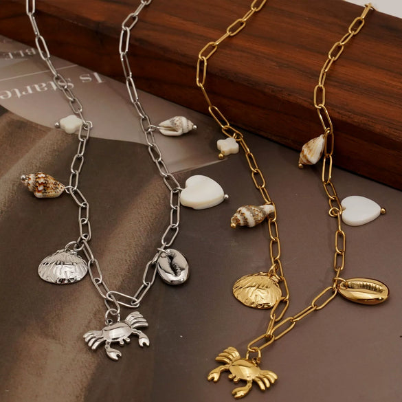 Stainless Steel Fashion Creative Ocean Wind Beach Shell Crab Pendant Necklace With Geometric Shape And Electroplating On O Word Chain For Women