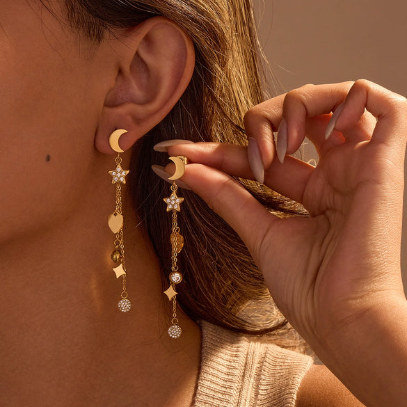 Stainless Steel Fashion Earrings With Star Geometric Pattern And 18K Gold Plated Tassel