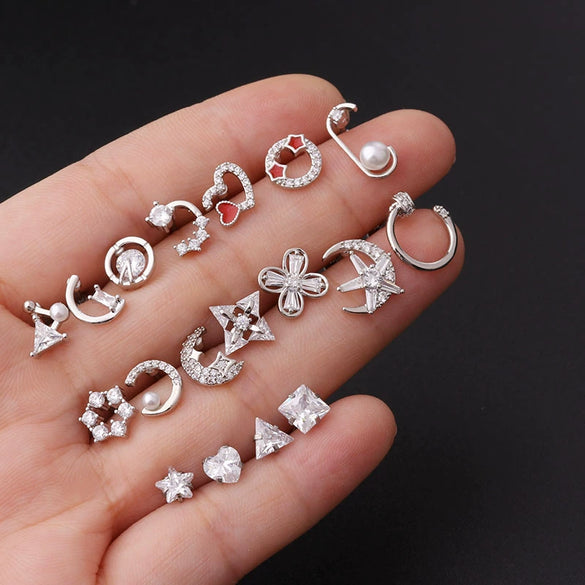 Stainless Steel Fashion Geometric Electroplated Zircon Ear Bone Puncture Earrings For Women