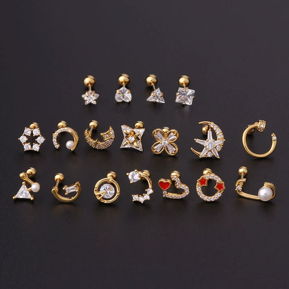 Stainless Steel Fashion Geometric Electroplated Zircon Ear Bone Puncture Earrings For Women