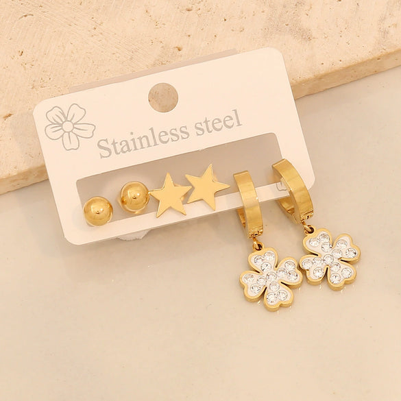Stainless Steel Fashion Geometric Heart Shape Drop Shape Diamond Earrings With Love Flower Moon Butterfly Design