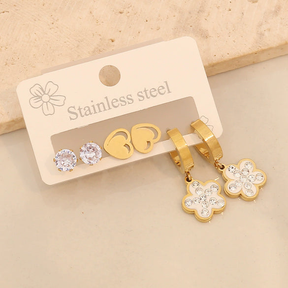 Stainless Steel Fashion Geometric Heart Shape Drop Shape Diamond Earrings With Love Flower Moon Butterfly Design