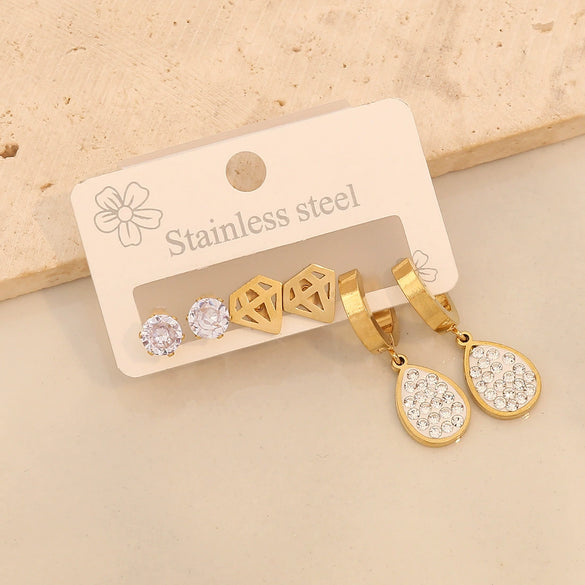 Stainless Steel Fashion Geometric Heart Shape Drop Shape Diamond Earrings With Love Flower Moon Butterfly Design