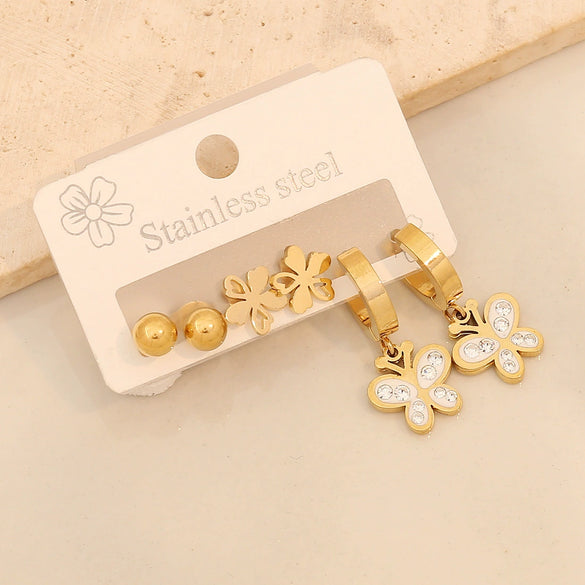 Stainless Steel Fashion Geometric Heart Shape Drop Shape Diamond Earrings With Love Flower Moon Butterfly Design