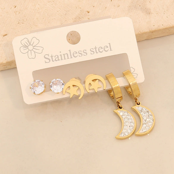 Stainless Steel Fashion Geometric Heart Shape Drop Shape Diamond Earrings With Love Flower Moon Butterfly Design