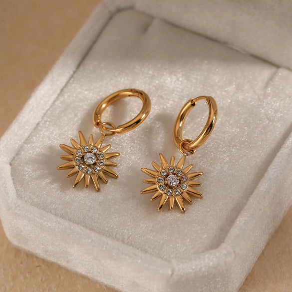 Stainless Steel Fashion Ol Creative Design Sun Zircon Pendant Earrings With Electroplating