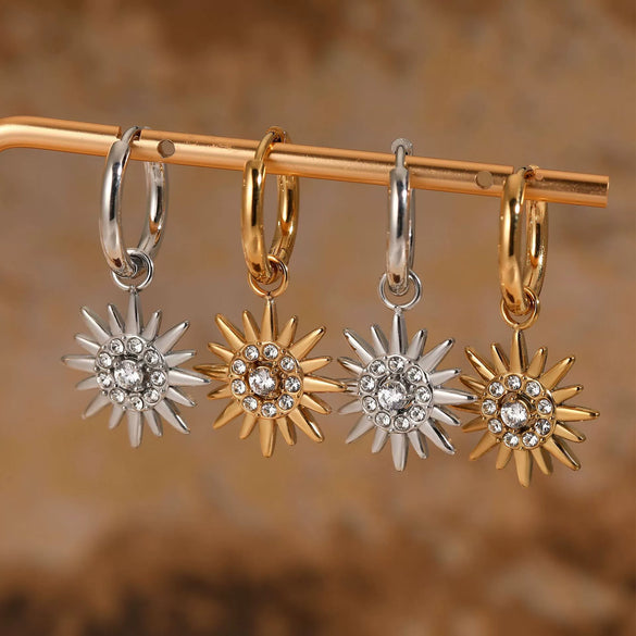 Stainless Steel Fashion Ol Creative Design Sun Zircon Pendant Earrings With Electroplating