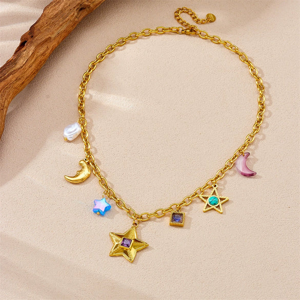 Stainless Steel Fashion Personality Star And Moon Pendant O Necklace With Electroplating