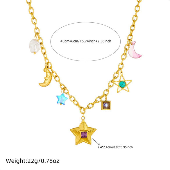 Stainless Steel Fashion Personality Star And Moon Pendant O Necklace With Electroplating