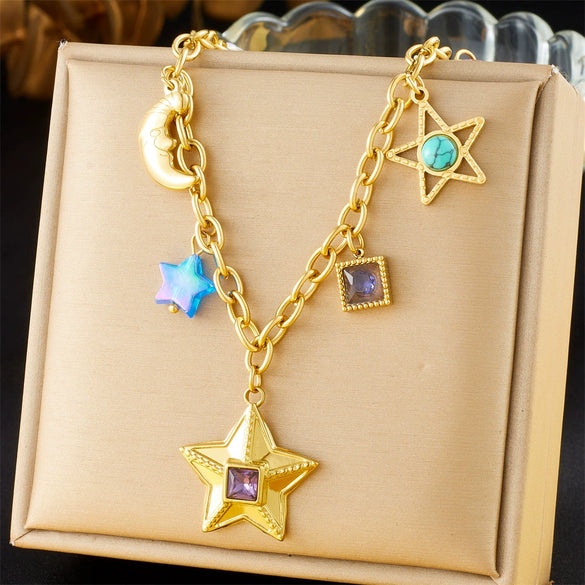 Stainless Steel Fashion Personality Star And Moon Pendant O Necklace With Electroplating
