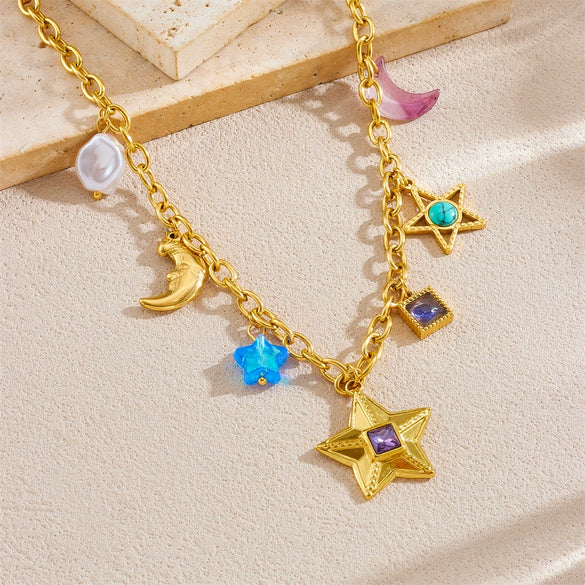 Stainless Steel Fashion Personality Star And Moon Pendant O Necklace With Electroplating