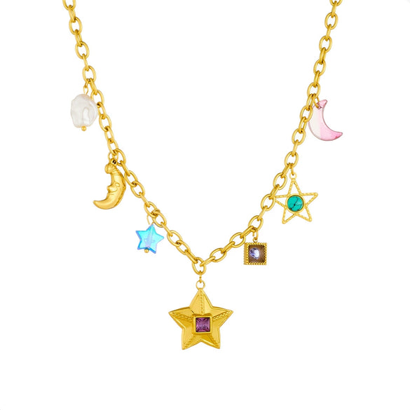 Stainless Steel Fashion Personality Star And Moon Pendant O Necklace With Electroplating