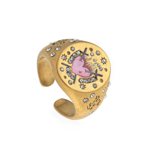 Stainless Steel Fashion Ring With Heart Shape Lion Mermaid Pattern Furnace Vacuum Plating