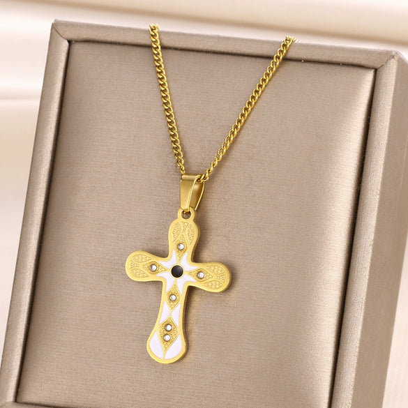 Stainless Steel Fashion Simple Style Cross Diamond Necklace Electroplated For Unisex