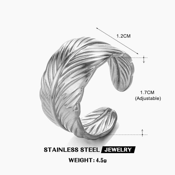 Stainless Steel Feather Hiphop Opening Adjustable Real Gold Electroplated Ring
